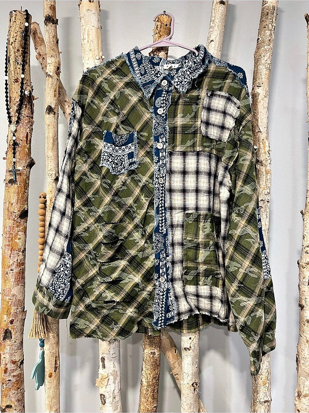 POL Patchwork Plaid Button Up Shirt Down Shirt Green & Blue Small NWOT